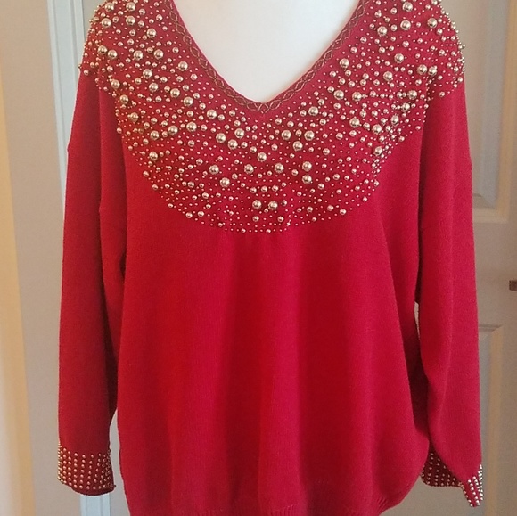 VICTORIA WOMAN Sweaters - Red Sweater with gold beading